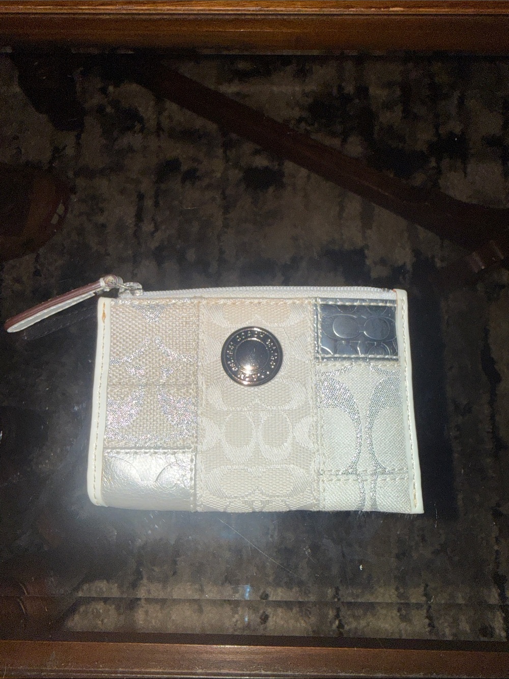 Coach Patchwork Zip Card Case - Ivory and Silver